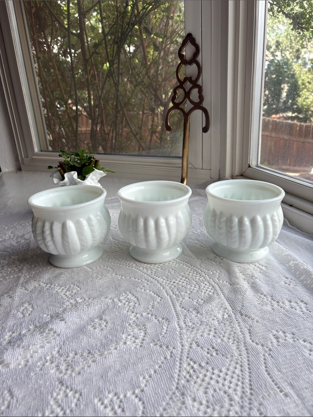 Set of 3 White Milk Glass Fluted Planters